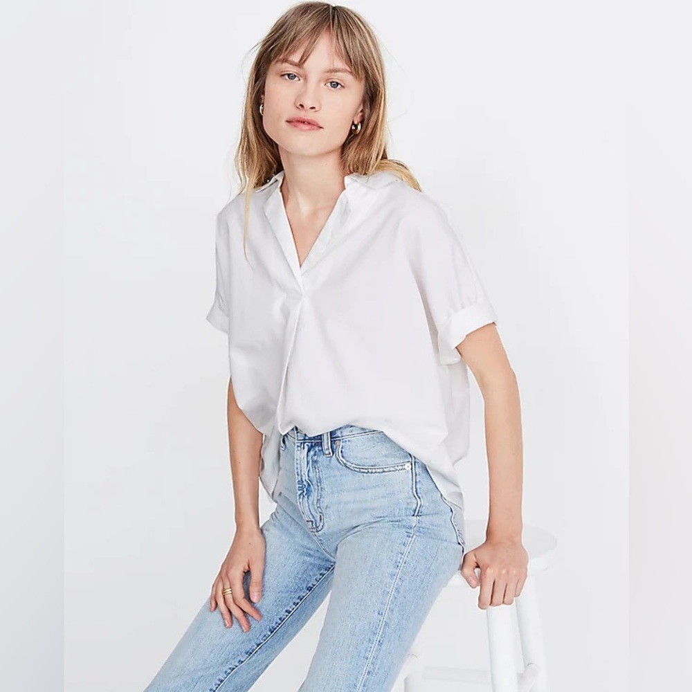 Madewell Park Popover White Short Sleeve Cotton Top Sz Large